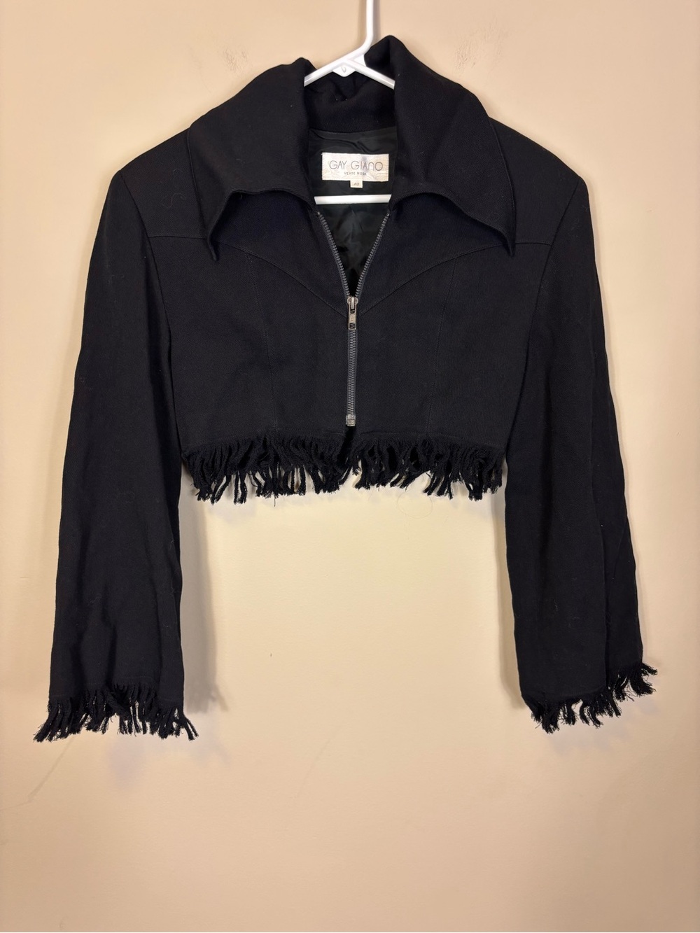 Gay Guano Black Wool Blend Cropped Fringe Botton Zip Blazer Jacket 42 = Large